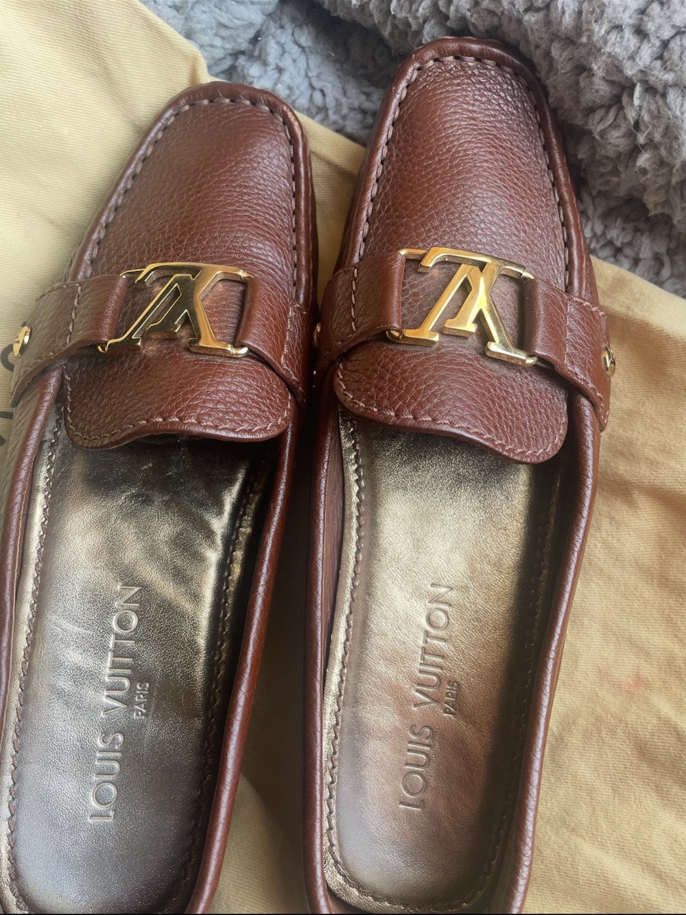 Louis Vuitton Brown Leather Moccasin Loafers with Gold LV Buckle - Picture 5 of 8
